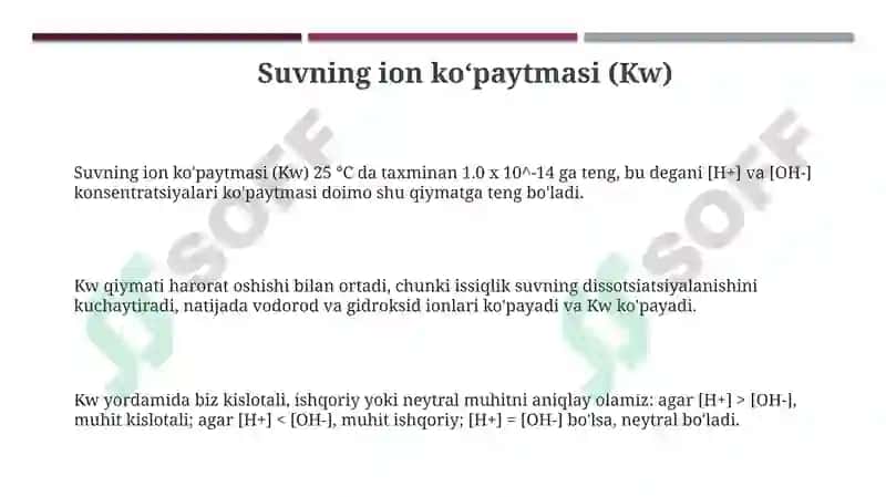 Suvning ion koʻpaytmasi. Muhitning vodorod koʻrsatkichi. Tuzlarning gidrolizi. 3
