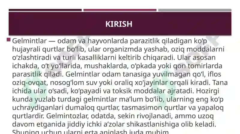 Gelmintlar odam parazitlari. Parazitlar kasalliklarning diagnostika usullari 3