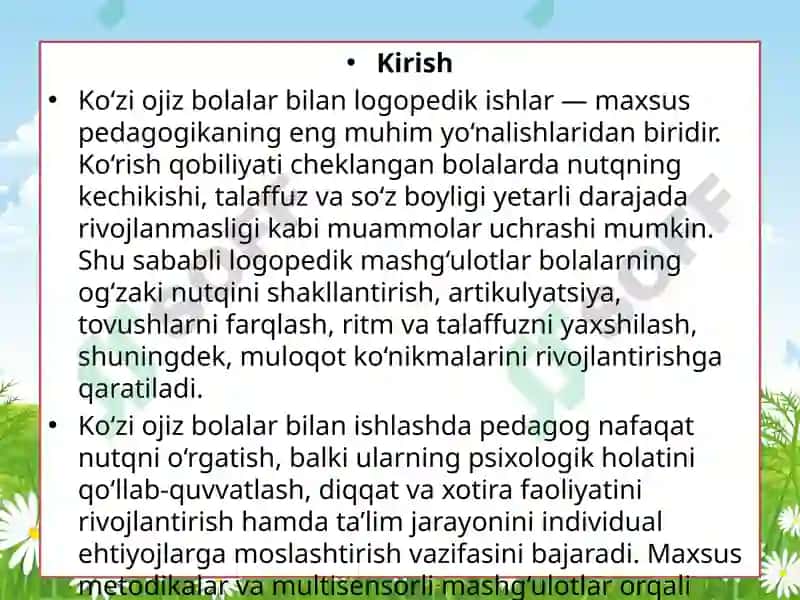 Ko‘ziojiz bolalar bilan amalga oshiriladigan logopedik ishlar 3