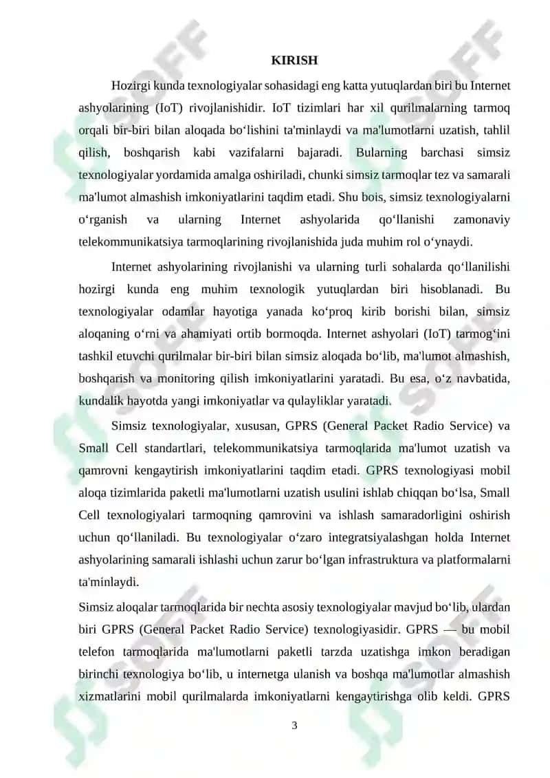 Internet ashyolarida qo‘llaniladigan simsiz texnologiyalari. GPRS, small cell standartlari. Tarmoqning strukturasi va topologiyasi. 3