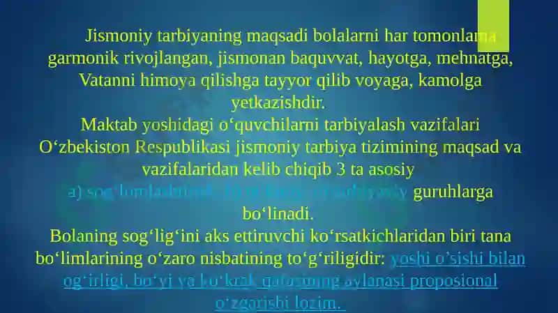 Milliy qadriyatlar asosida jismoniy tarbiya va sport bayramlarini tashkil qilish va o‘tkazish. 3