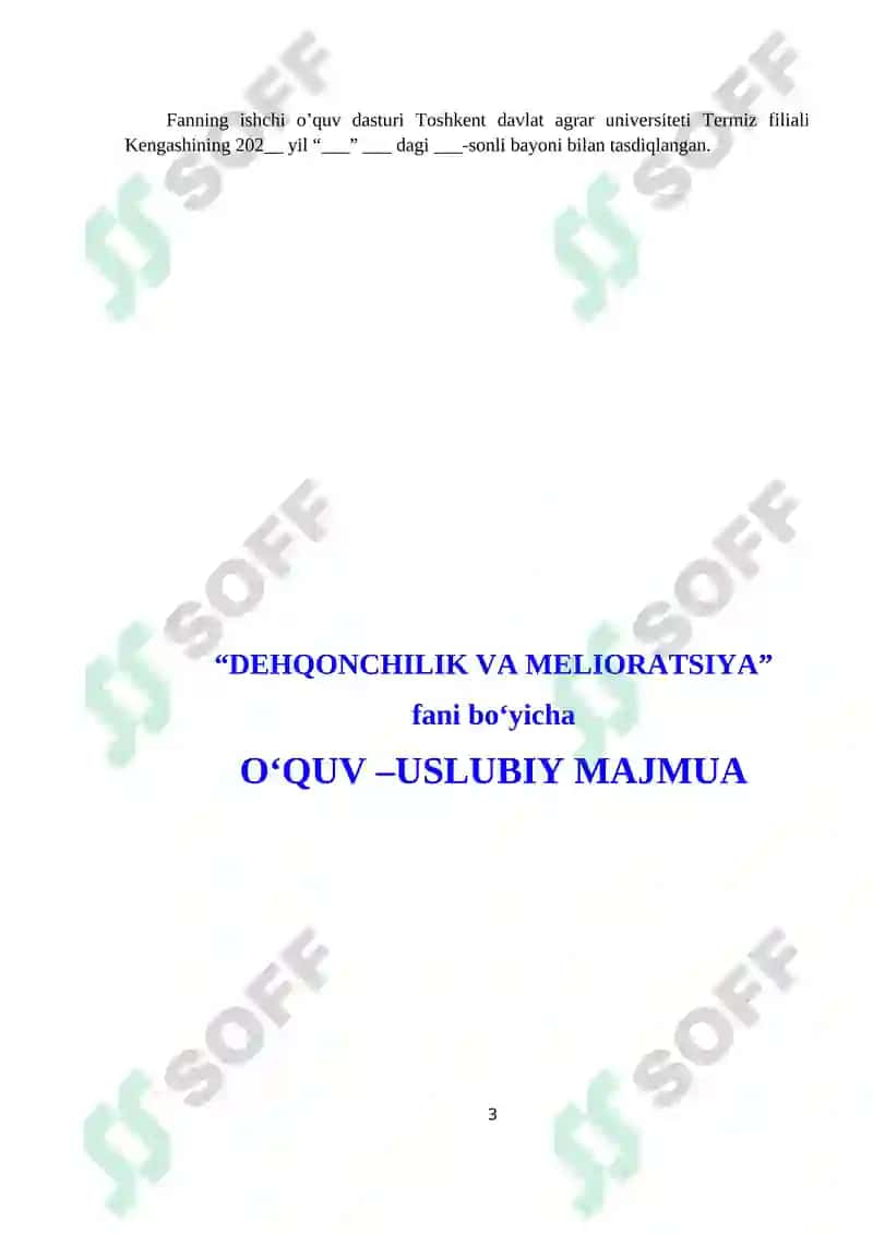 “DEHQONCHILIK VA MELIORATSIYA” fani bo‘yicha o‘quv–uslubiy majmua 3
