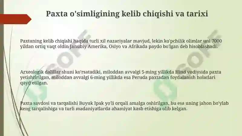 Paxta o'simligining kelib chiqishi va tarixi 3