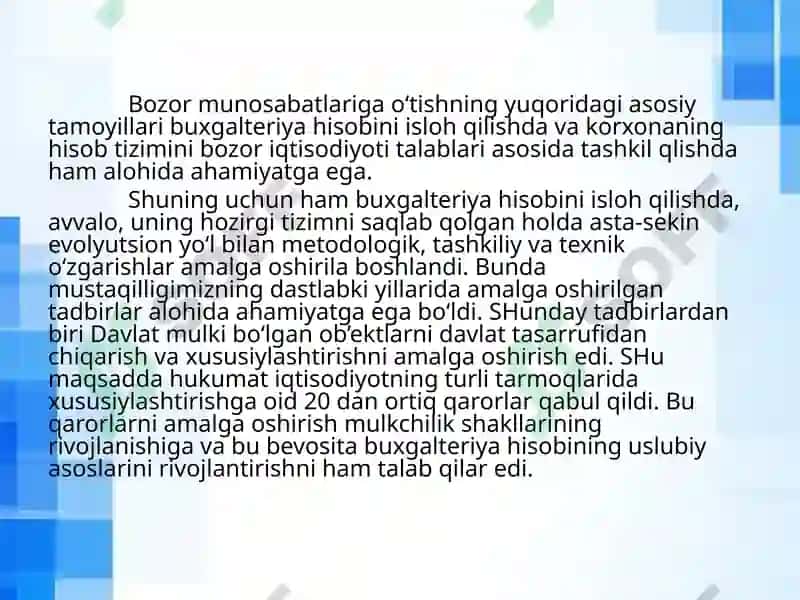 BOZOR  IQTISODIYOTIGA  O`TISHDA  BUXGALTERIYA  HISOBINI  ISLOH  QILISH  BOSQICHLARI. 3