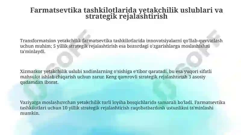 Farmatsevtika tashkilotlarida yetakchilikning asosiy uslublari va strategiyalari 3