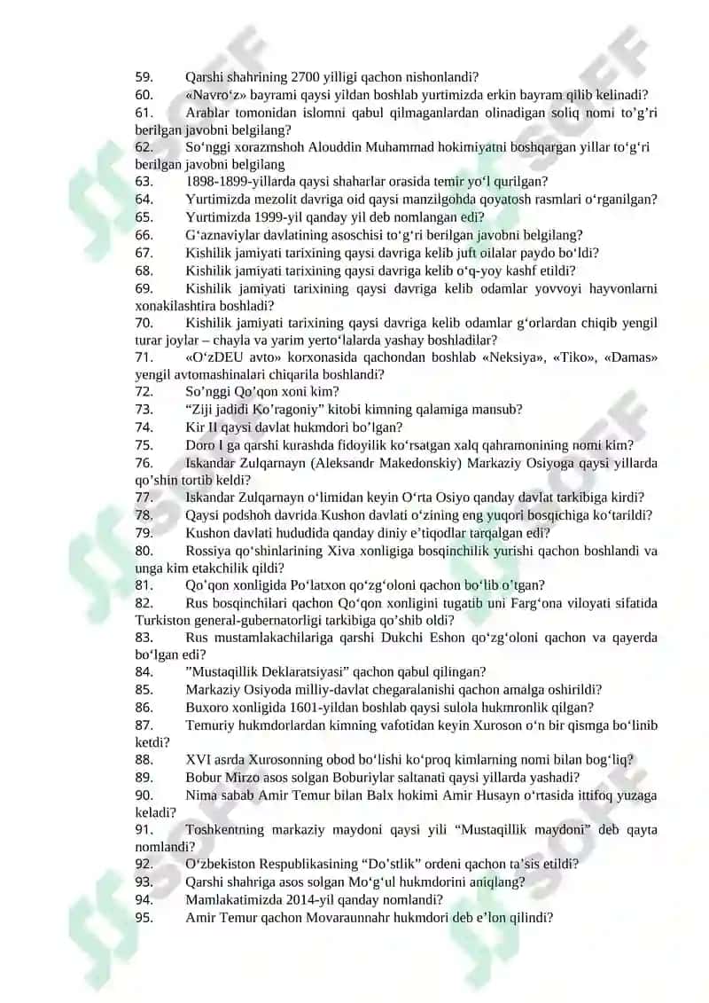 Davlat Attestatsiyasi komissiyasi uchun „O‘ZBEKISTON TARIXI“ FANIDAN TEST SAVOLLARI 3