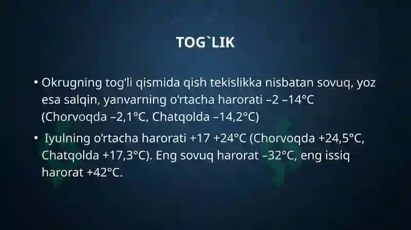 IQLIMI, SUVLARI, TUPROQLARI,O‘SIMLIKLARI VA HAYVONOT DUNYOSI 3