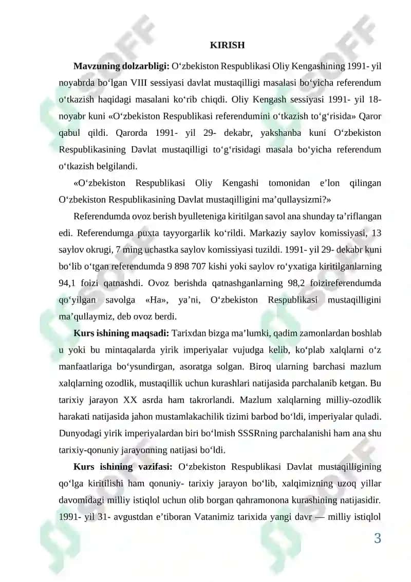 O’zbekistonning dunyo siyosiy xaritasida tutgan o’rni va roli kurs ishi 3