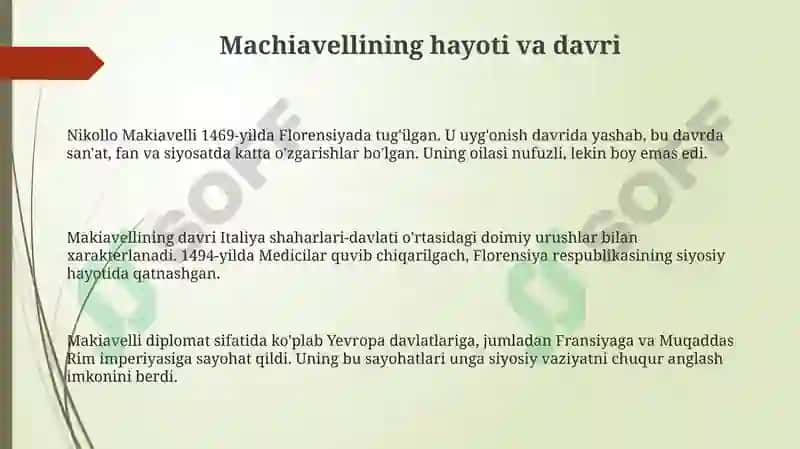 Machiavellining “Xukmdor” asaribo`yi taqdimoti 3