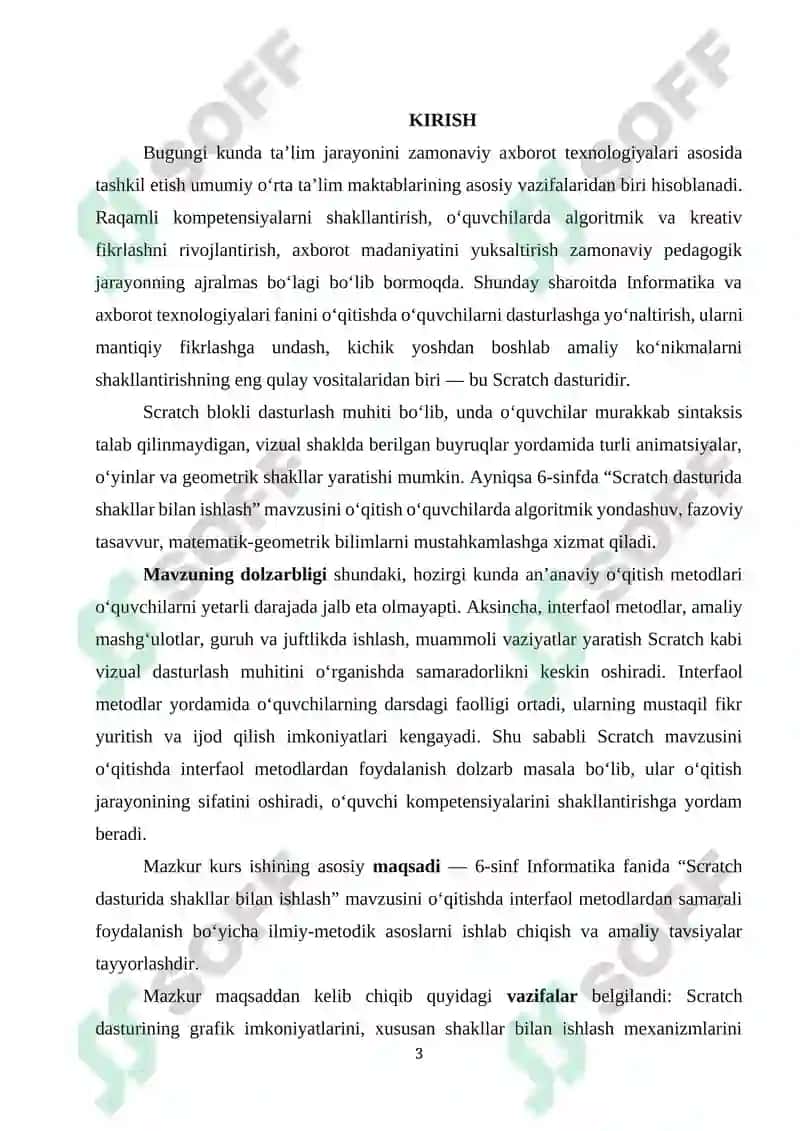 Umumiy orta talim maktablarining 6-sinfida Informatika va AT fanidan “Scratch dasturida shakllar bilan ishlash” mavzusini o‘qitishda interfaol metodlardan foydalanish 3