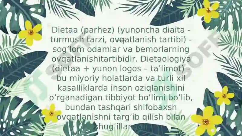 Oziqlanish -inson salomatlik holatiga, mehnat layoqatiga va tashqi muhit ta'sirlariga organizmning qarshilik ko’rsata olish xususiyatlariga sеzilarli ta'sir ko’rsatadigan muhim omillardan biri 3