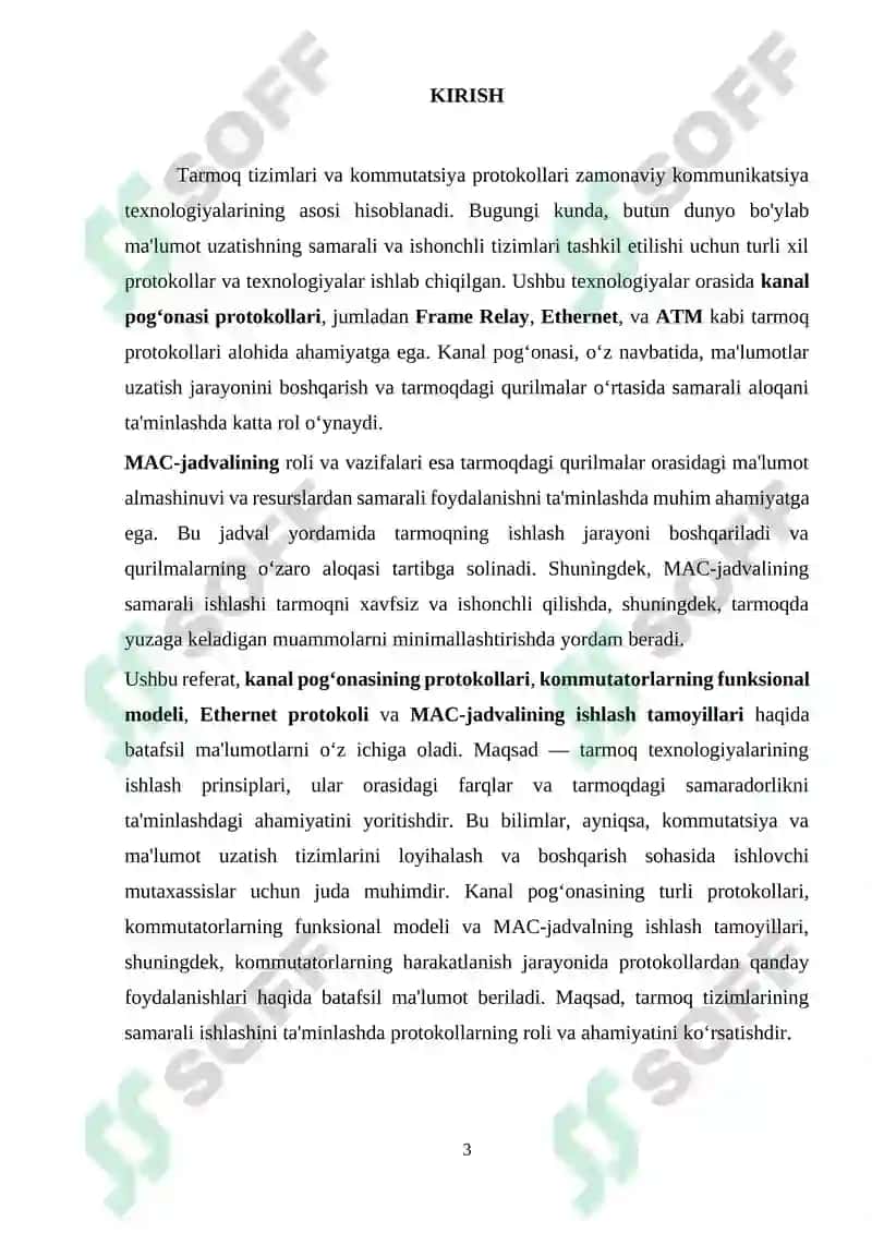 Kanal pog‘onasining protokollari (Frame Relay, ATM, Ethernet). Kommutatorning funksional modeli, turlari va MAC-jadvalning ishlash tamoyillari 3
