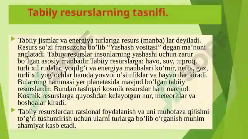 Tabiiy resurslarning tasnifi, konsepsiyalari va tamoyillari 3
