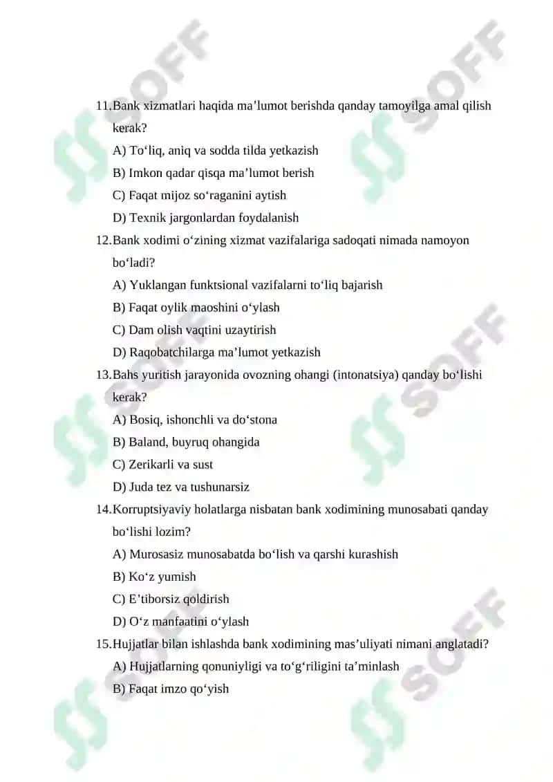 Bank xizmatchisining bahs yuritish madaniyati haqida 60 talik test javobi bilan 3