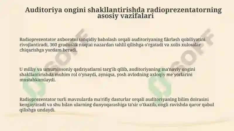 Radioboshlovchining auditoriya ongini shakllantirishda asosiy vazifalari 3
