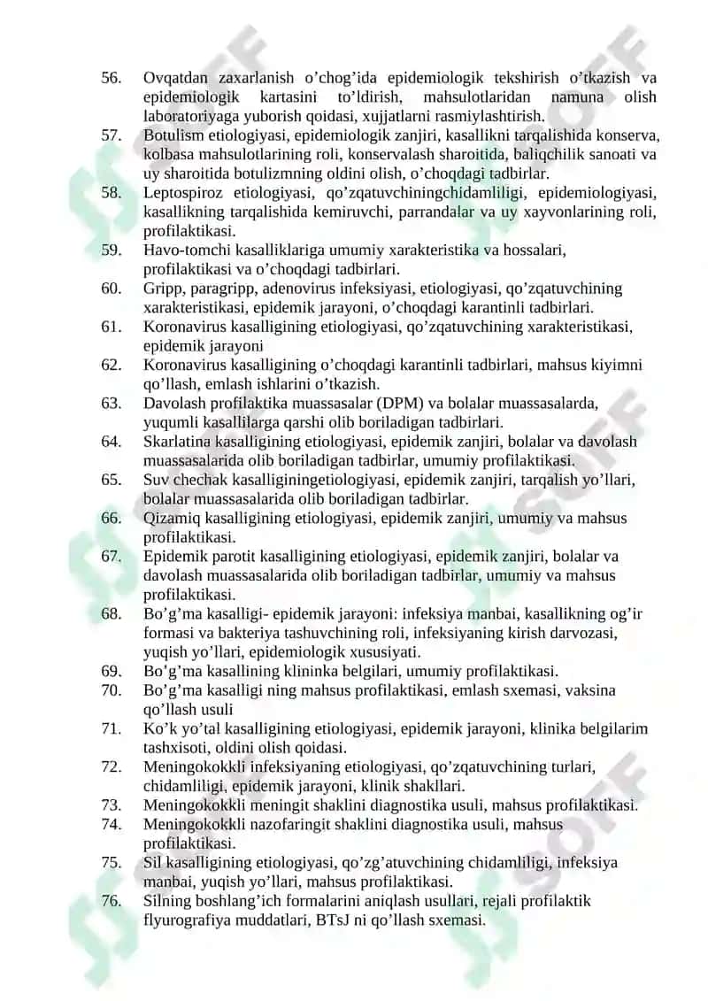 Tibbiy profilaktika ishi (Epidemiolog vrach yordamchilari uchun) mutaxassisligi bo'yicha shakllantirilgan og’zaki savollar ro'yxati 3