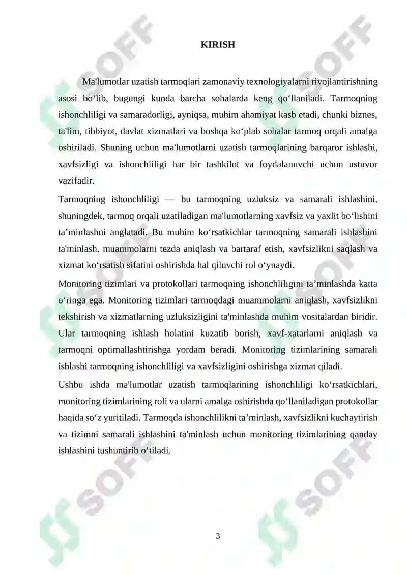 Ma’lumotlar uzatish tarmoqlarining ishonchlilik ko`rsatkichlariga talablar va ularni oshirish usullari. Ma’lumotlar uzatish tarmoqlarida monitoring usullari va protokollari 3
