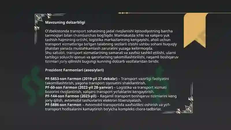 O‘zbekistonda transport xizmatining qonuniy-huquqiy asoslari 3