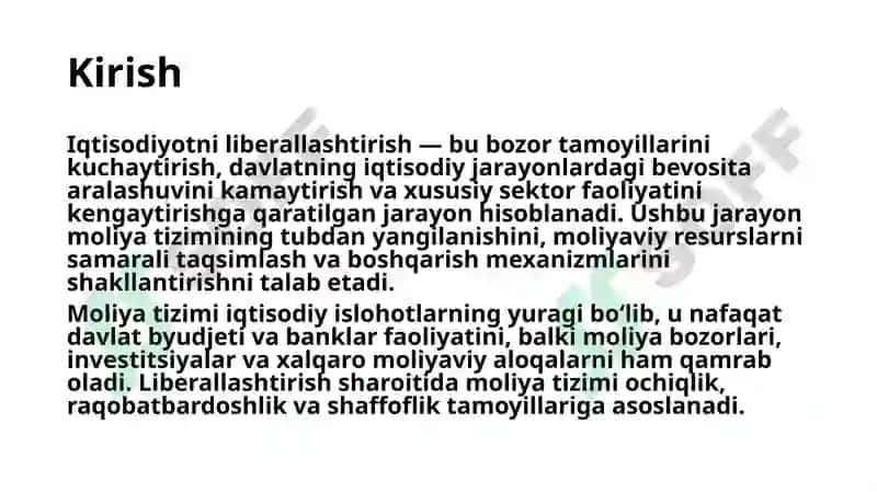 Iqtisodiyotni liberallashtirish sharoitida moliya tizimining mohiyati va o’ziga xos xususiyatlari 3