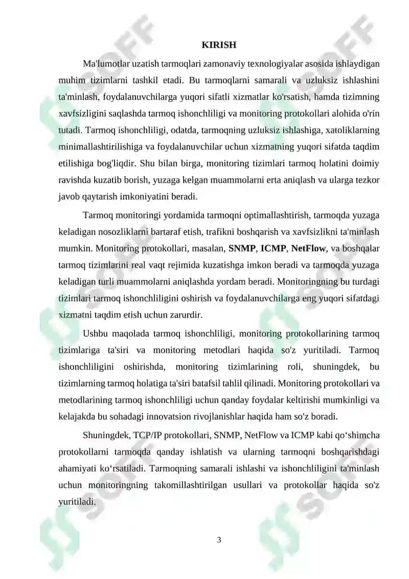 Ma’lumotlar uzatish tarmoqlarining ishonchlilik ko`rsatkichlariga talablar va ularni oshirish usullari. Ma’lumotlar uzatish tarmoqlarida monitoring usullari va protokollari 3