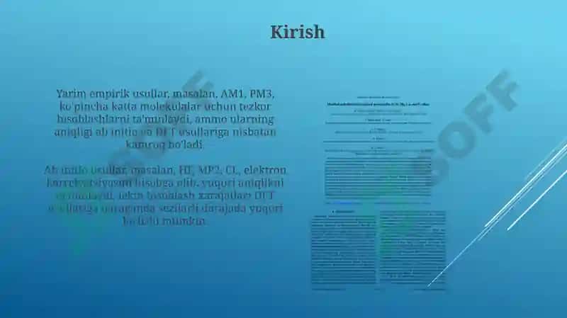Yarim-empirik, noempirik va DFT usullaridan olinadigan parametrlarni taqqoslash 3