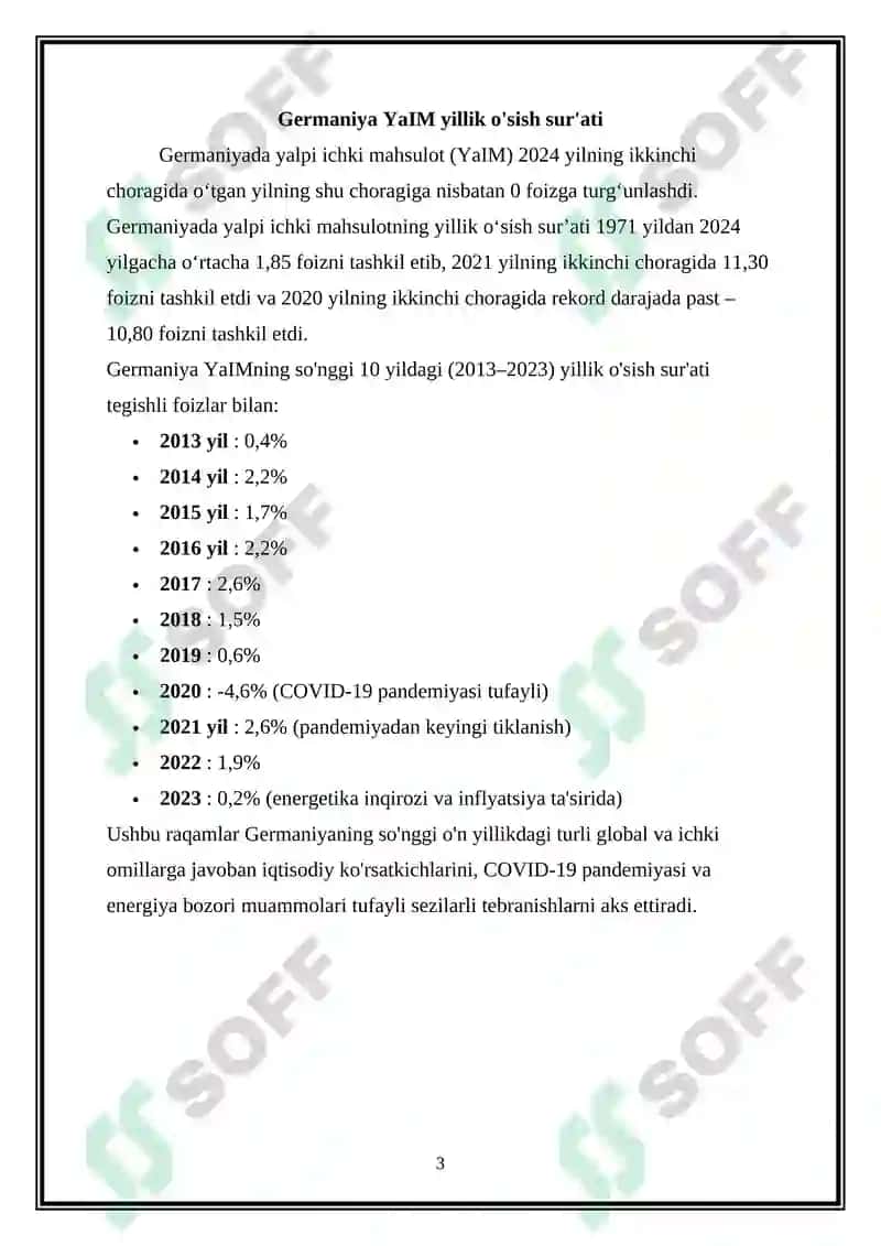 Germaniyaning 10 yillik nominal hamda real yalpi ichki mahsulotining o’sish ko’rsatkichlarini basis hamda zanjirli usullarda tahlil qilish 3