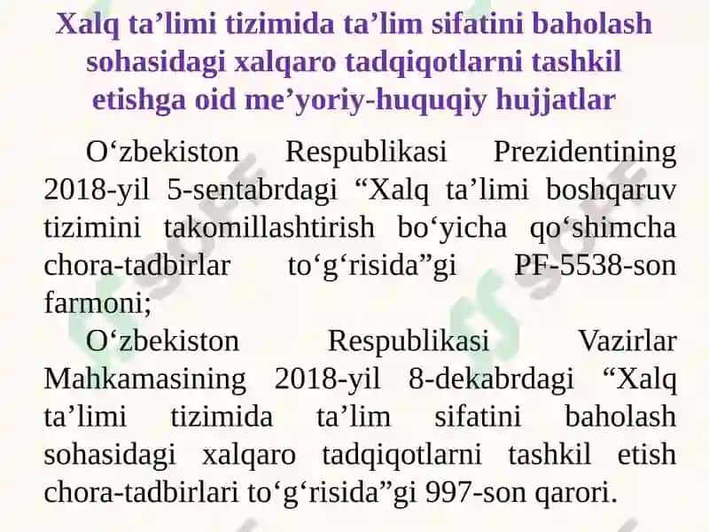 Xalqaro baholash dasturlari (PISA, TIMSS va PIRLS) tadqiqotlari natijalari asosida ta’lim samaradorligini oshirish. 3