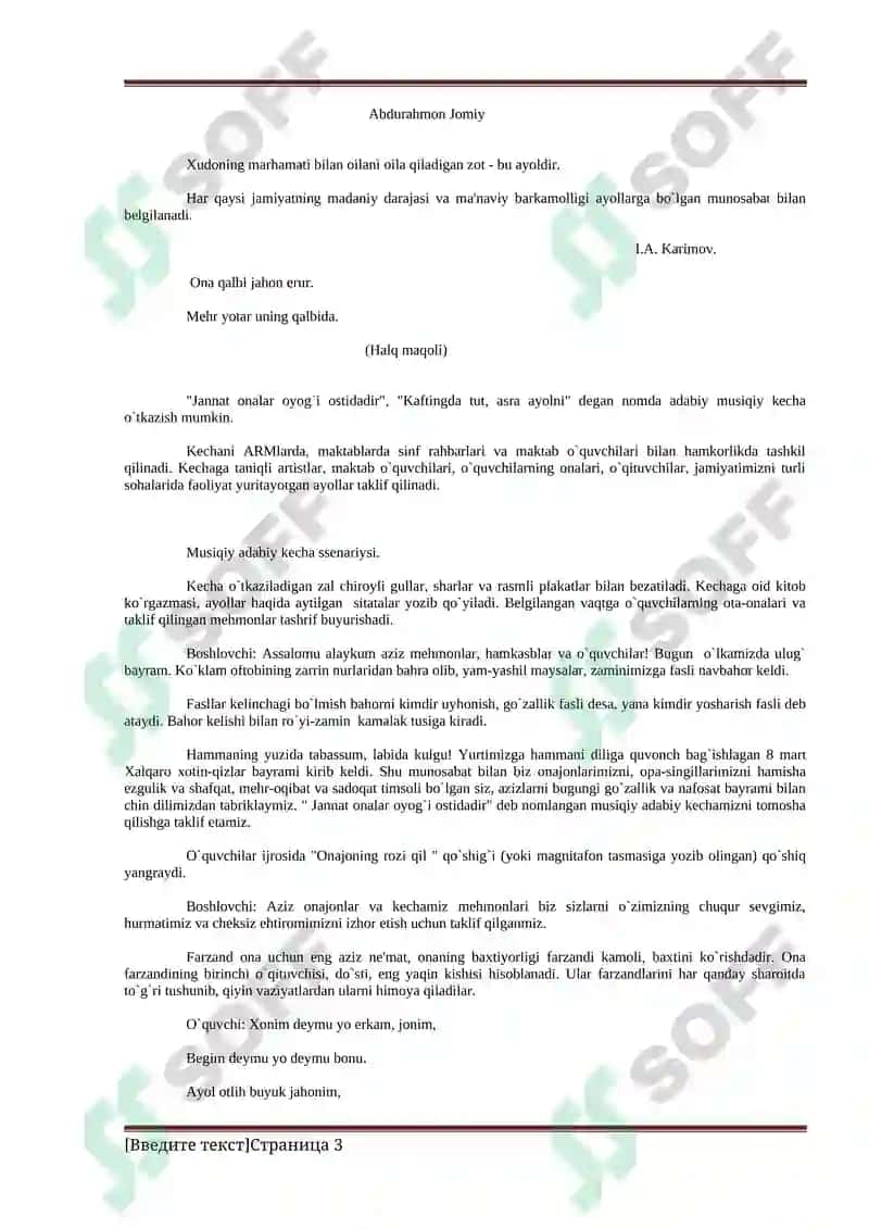 8 mart Xalqaro xotin-qizlar bayrami senariysi 3