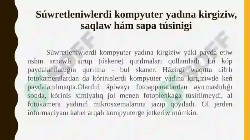 Tema: Súwretleniwlerdi kompyuter yadına kirgiziw, saqlaw hám sapa túsinigi 3