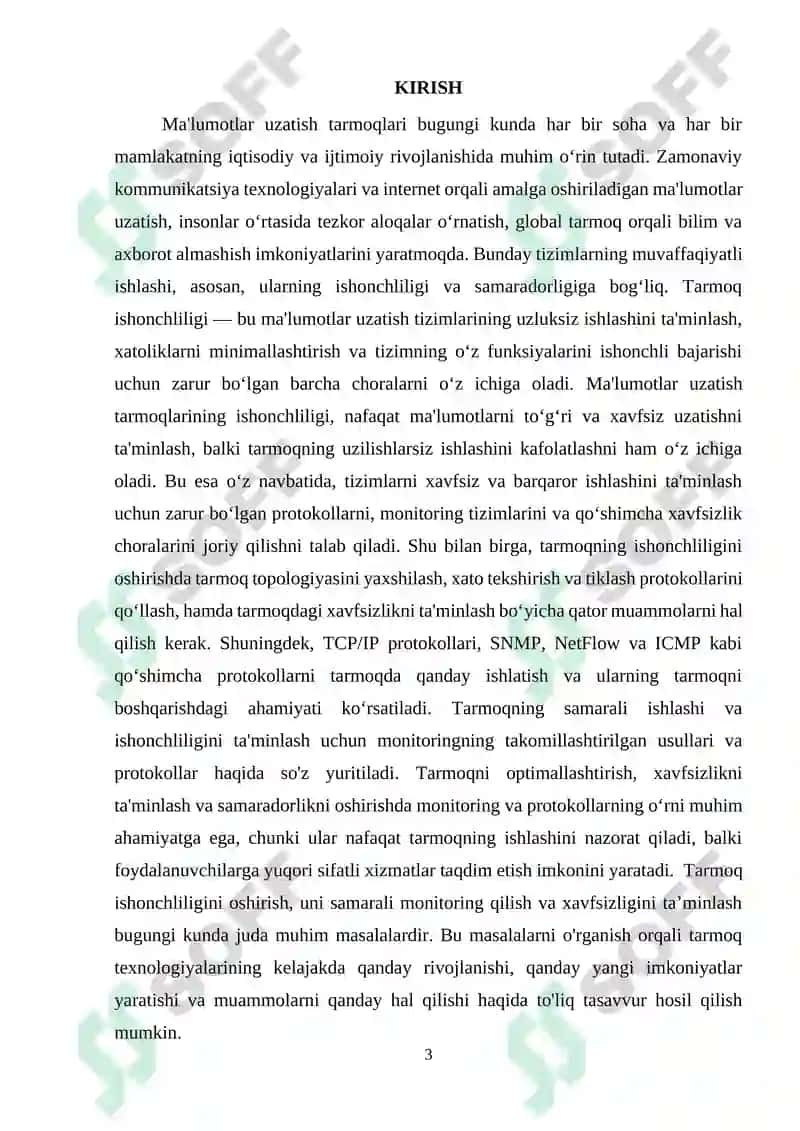 Ma’lumotlar uzatish tarmoqlarining ishonchlilik ko`rsatkichlariga talablar va ularni oshirish usullari. Ma’lumotlar uzatish tarmoqlarida monitoring usullari va protokollari 3
