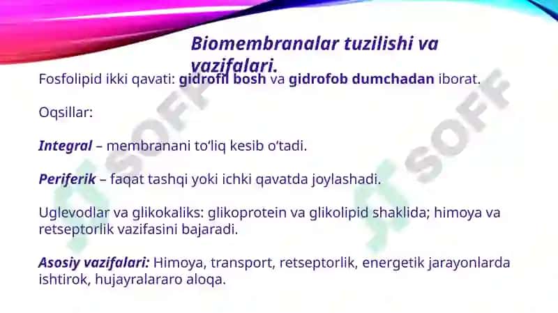 Biomembranalar. Membrana retseptorlari. Hujayralarga signallarni oʻtkazish yoʻllari 3