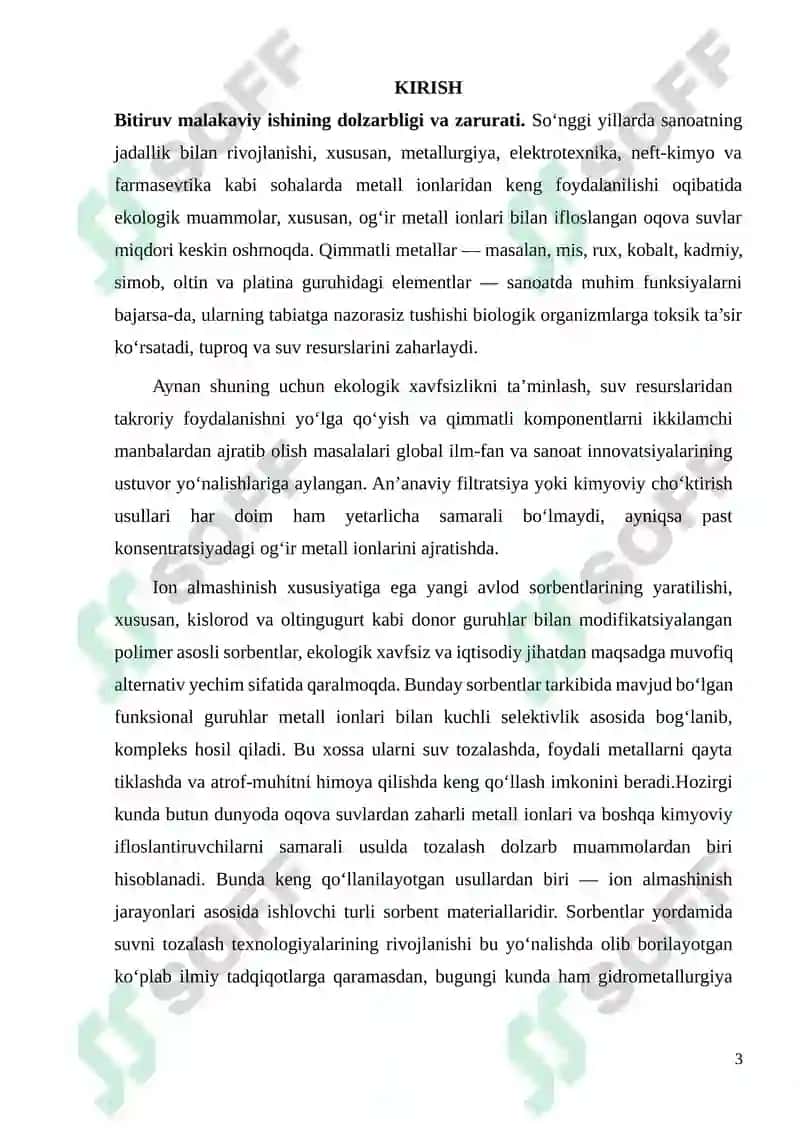 Tarkibida oltingugurt va azot bo`lgan sorbentlar sintezi va ularning qo`llanilishi 3