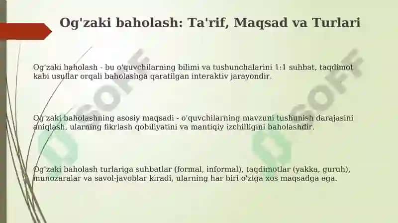 Og'zaki baholash: Ta'rif, Maqsad va Turlari 3