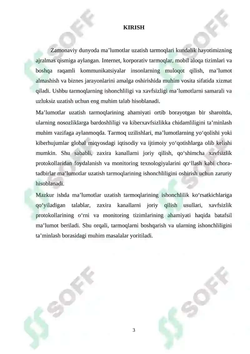 "Ma'lumotlar uzatish tarmoqlarining ishonchlilik ko`rsatkichlariga talablar va ularni oshirish usullari. Ma’lumotlar uzatish tarmoqlarida monitoring usullari va protokollari" 3