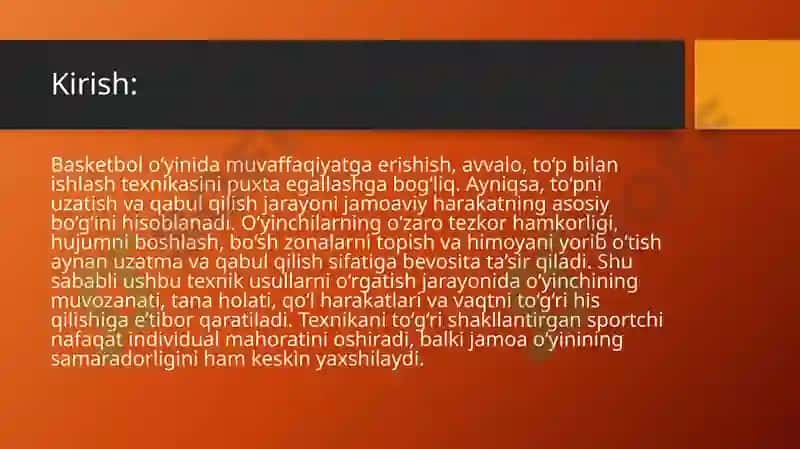 Basketbol o’yinida to’pni uzatish va qabul qilish texnik usullarni o’rgatish 3
