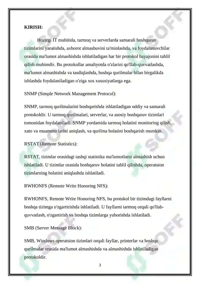 Ilova sathi protokollari: SNMP, RSTAT, RWHONFS, SMB, FTP, TFTP, HTTP, LPD 3