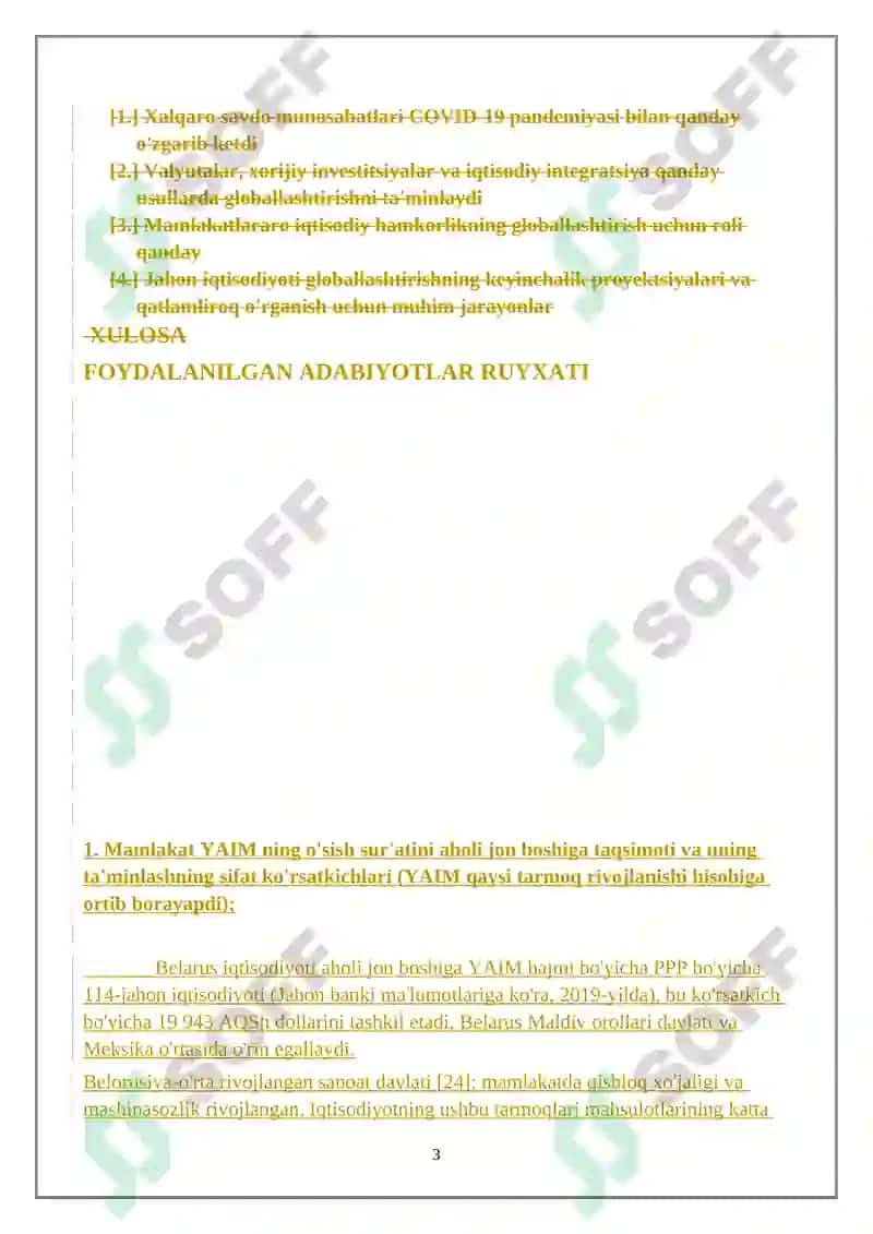 Mamlakat YAIM ning o'sish sur'atini aholi jon boshiga taqsimoti va uning ta'minlashning sifat ko'rsatkichlari 3