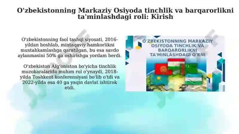 O'zbekistonning Markaziy Osiyoda tinchlik va barqarorlikni ta'minlashdagi o'rni 3