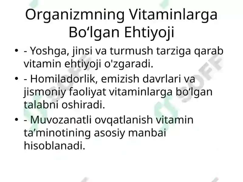 Organizmning Vitaminlar Bilan Taʼminlanganligini Oʻrganish va Baholash 3