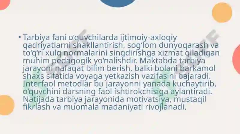 Umumta’lim maktablarida tarbiya fanini o‘qitish jarayonida interfaol metodlardan foydalanish 3