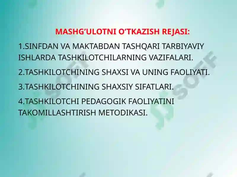Sinfdan va maktabdan tashqari ishlarni tashkil qilishda tashkilotchi shaxsiga bo’lgan talablar 3