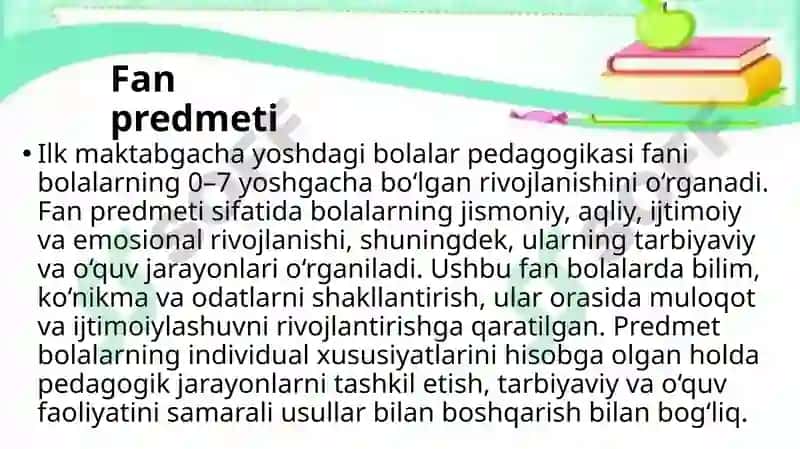 Ilk maktabgacha yoshdagi bolalar pedagogikasi fanining predmeti va asosiy vazifalari Ilk maktabgacha 3