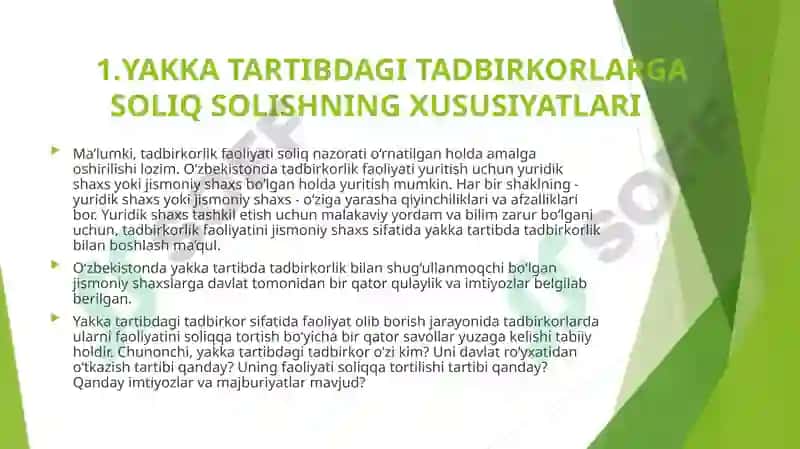 Yakka tartibdagi tadbirkorlarning foydasiga soliq solishning o’ziga xos xususiyatlari 3