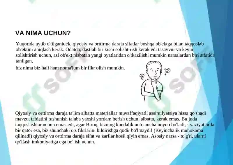 Sifat darajalari, sifatlarning oddiy, orttirma, qiyosiy, ozaytirma shakllari 3