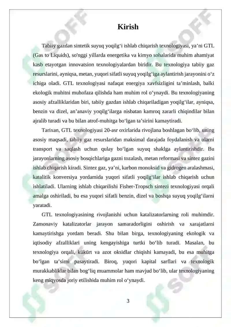 Tabiiy gazdan sintetik suyuq yoqilgʻi ishlab chiqarish texnologiyasi GTL 3