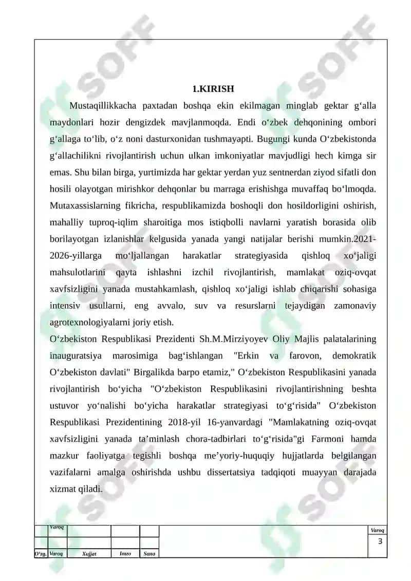 Tegirmonning quvvati 200t/kun bo‘lgan bir navli (oliy nav) 75% li un ishlab chiqarish tehnologiyasi.” 3