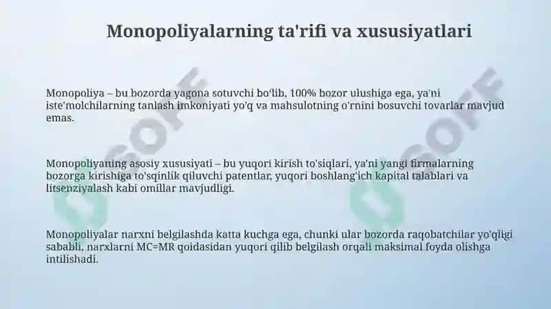 Monopoliyalarning ta'rifi va xususiyatlari 3