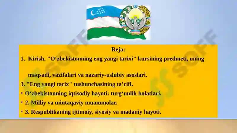 Kirish.“O‘zbekistonning eng yangi tarixi” o‘quv fanining predmeti, maqsadi va vazifalari. Mustaqillikka erishish arafasida O‘zbekistondagi ijtimoiy-siyosiy jarayonlar 3