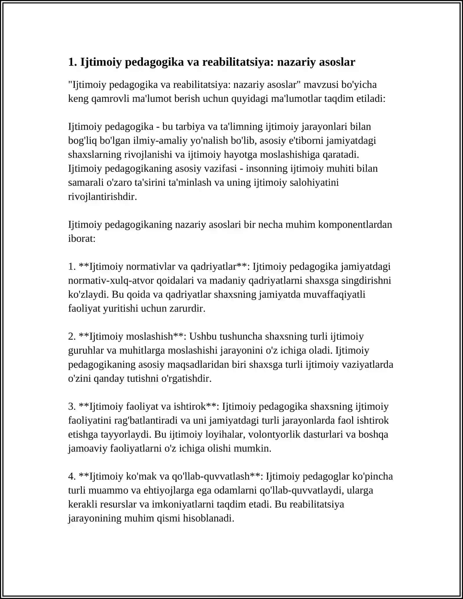 MUSTAQIL ISH Mavzu: IJTIMOIY PEDAGOGIKANING REABILITATSION XIZMATI MODELI VA MEXANIZMI 3