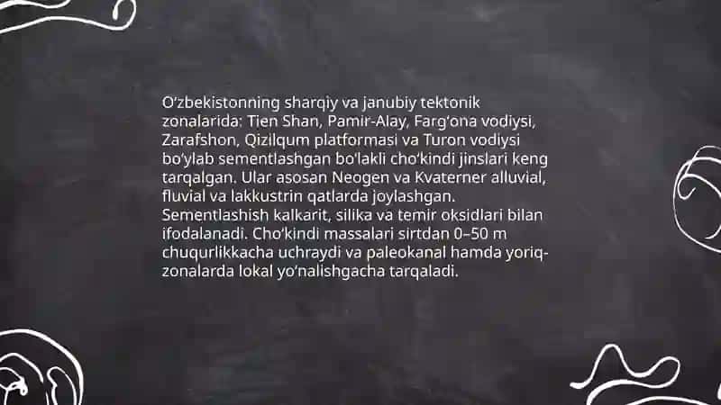 Sementlashgan boʻlakli choʻkindi togʻ jinslarini Oʻzbekiston hududida tarqalishi 3